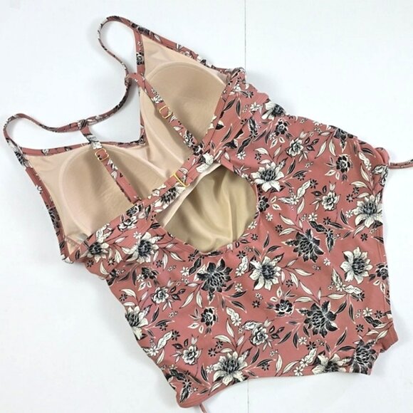Kona Sol Women's Dusty Rose Floral One Piece Swimsuit V Neck Side Ties Size 18W - Picture 2 of 16